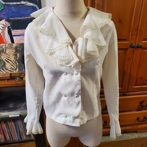 Vintage Crepe Ivory White Ruffle Doen Blouse Cardigan Lace Collar Christy Dawn